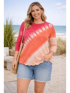 Design 365 Women’s Pink Orange Tie Dye Knit Sweater Size M Long Sleeve Scallop H